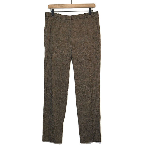 Theory Linen Blend Trouser Pant Straight Leg High Rise Olive Green Workwear 8 - Picture 1 of 16